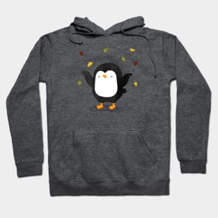 Penguin having fun with autumn leaves 2 Hoodie